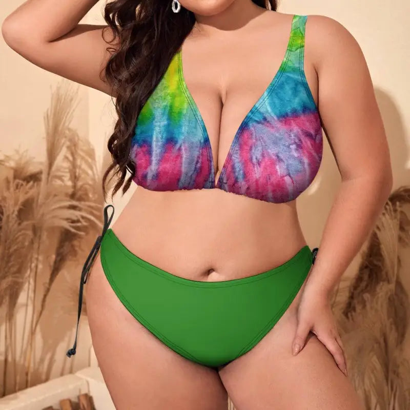 Colorful tie-dye bikini top with solid green bottom from Multi Color Bikini collection