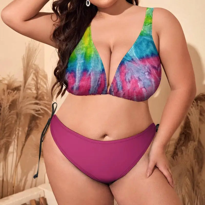 Colorful tie-dye bikini top with solid magenta bottom, perfect multi color bikini for fun