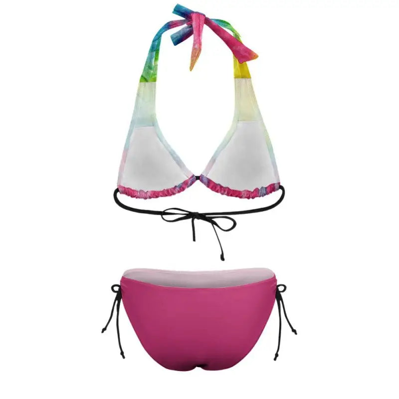 Colorful two-piece multi color bikini swimsuit with white halter top and pink bottom