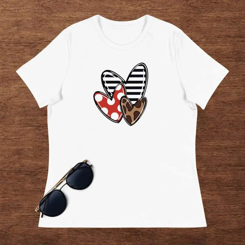 White graphic tee with overlapping heart patterns, perfect for a Women’s Valentine’s Day look