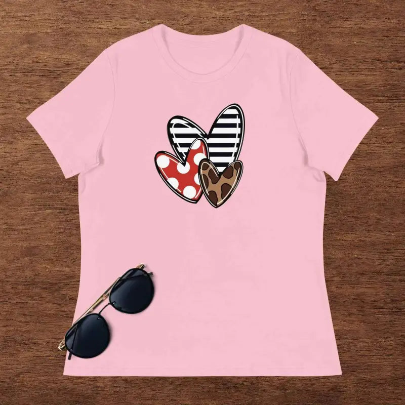 Pink heart short sleeve tee with patterns, perfect for Women’s Valentine’s Day fun