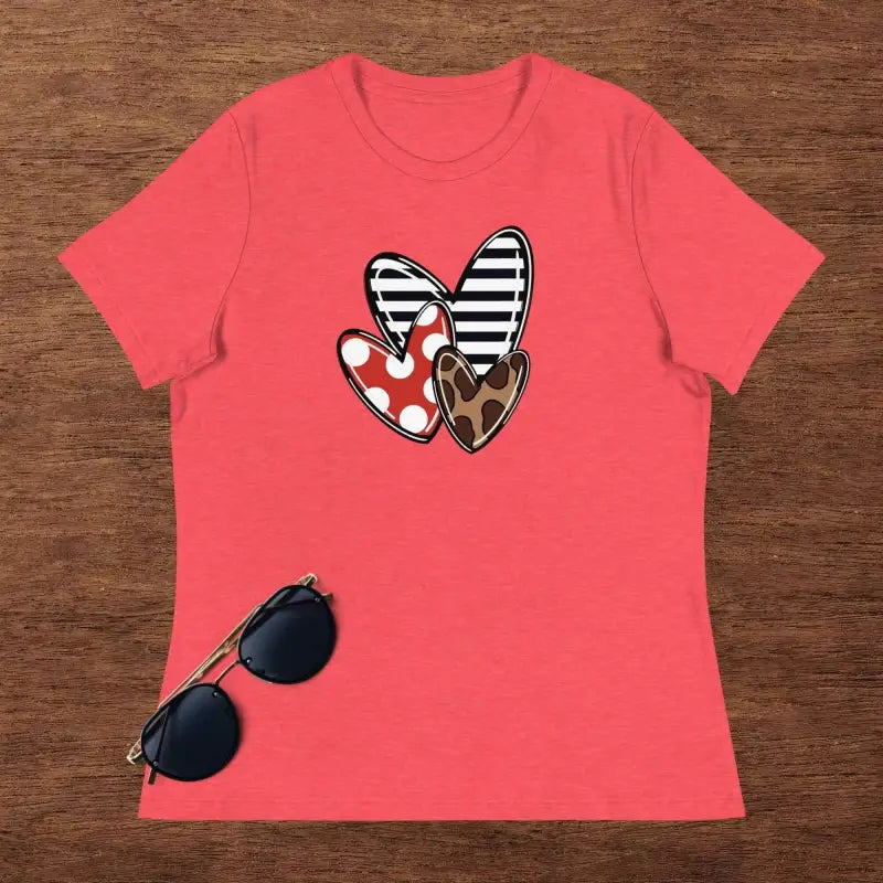 Coral women’s Valentine’s Day heart shirt with fun multi-pattern graphic design