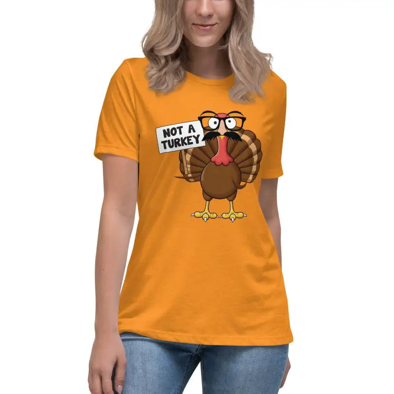 Orange Thanksgiving turkey shirt with cartoon turkey holding a Not A Turkey sign
