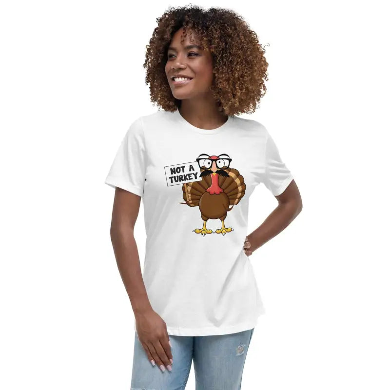 White t-shirt with cartoon turkey in glasses, perfect disguise shirt for Thanksgiving fun