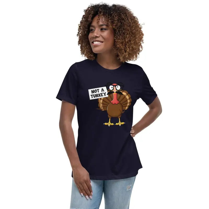 Navy blue disguise shirt with a cartoon turkey saying Not a turkey for Thanksgiving fun