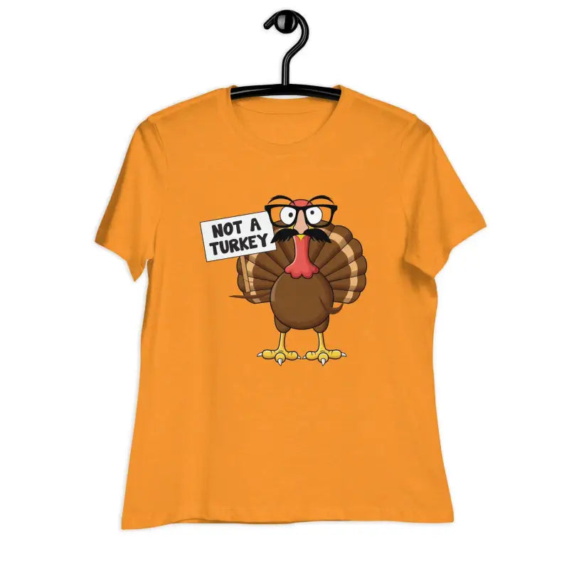 Orange Thanksgiving Turkey shirt with cartoon turkey holding Not a Turkey sign