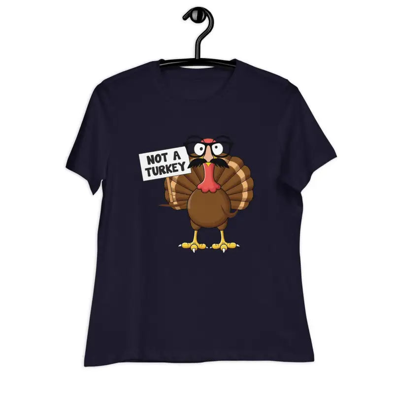 Navy blue disguise shirt with a cartoon turkey for Thanksgiving fun