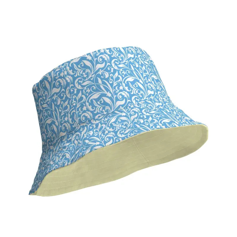 Blue and white floral reversible bucket hat with a sunny yellow interior