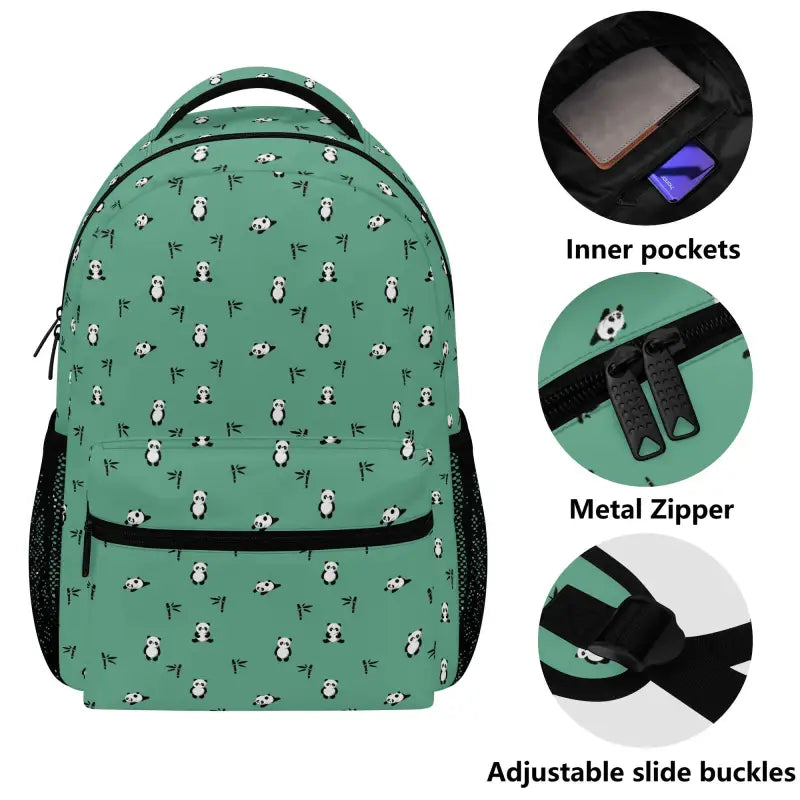 Green Panda Backpack with penguin pattern featuring multiple compartments for school