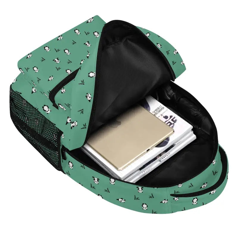 Green panda backpack, partially unzipped, showcasing multiple compartments inside