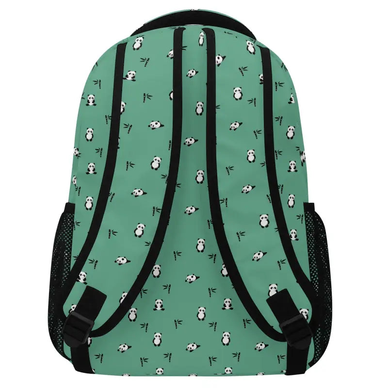 Green panda backpack with penguin pattern and multiple compartments for school use
