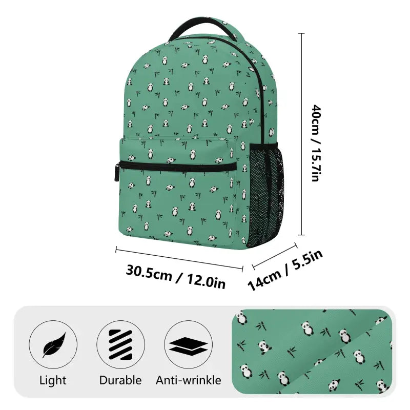 Mint green panda backpack with penguin pattern and dimensions, features multiple compartments