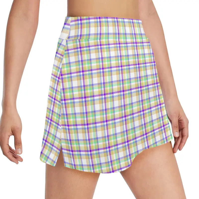 Pastel Perfection Plaid Athletic Skirt with side slits for women’s stylish comfort