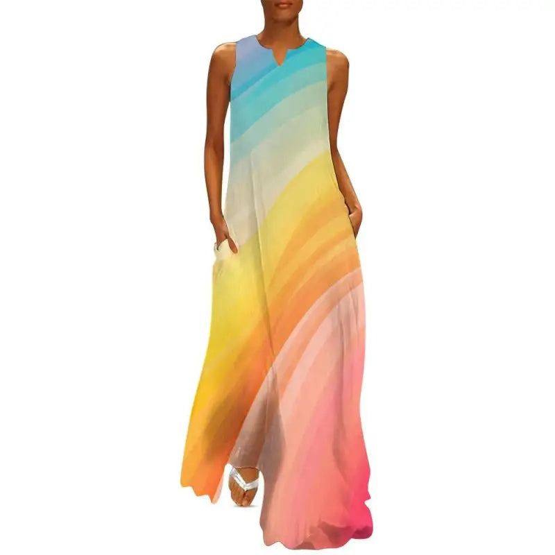 Pastel Rainbow Sleeveless Maxi dress featuring a dreamy blue to pink gradient