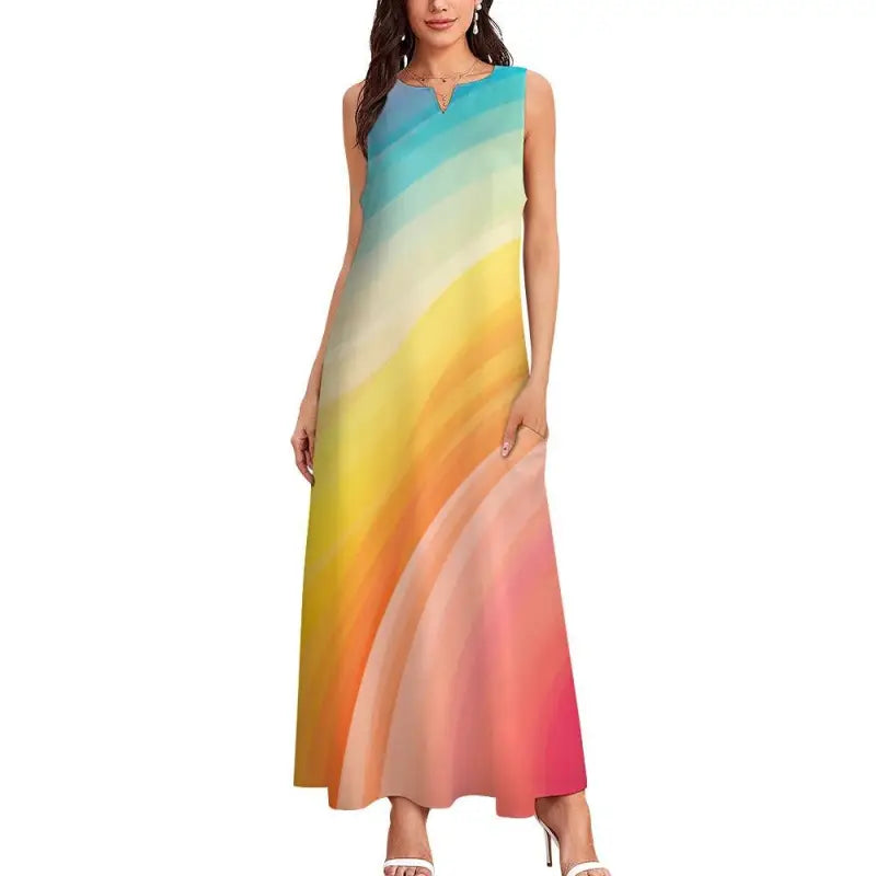 Sleeveless maxi dress with a vibrant pastel rainbow gradient pattern for a dreamy look