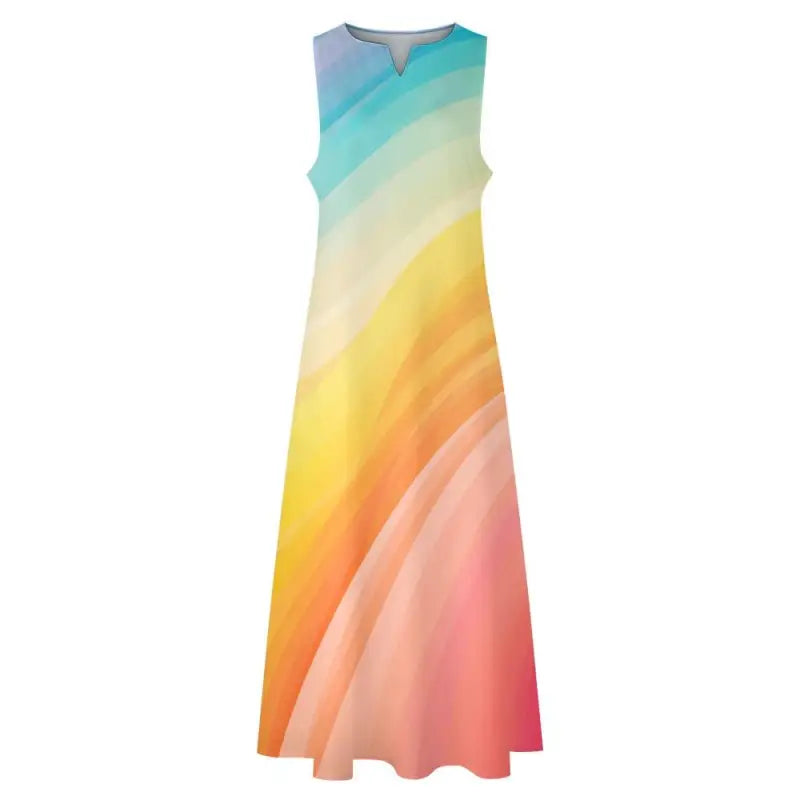 Pastel Rainbow Sleeveless Maxi dress with a vibrant gradient color pattern