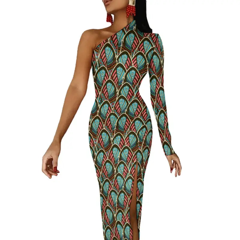 One-shoulder sleeve slit dress with vibrant peacock print and stylish side slit