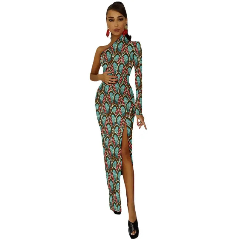 Colorful Peacock Print Party Dress with a high slit and unique sleeve slit design