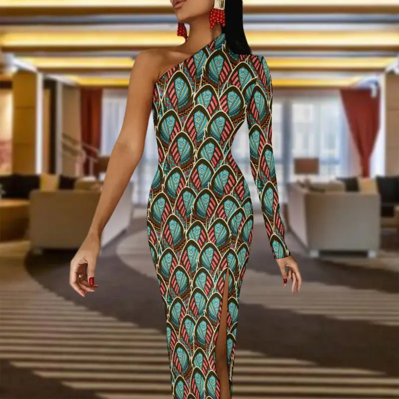One-shoulder sleeve slit dress featuring vibrant teal and orange peacock print style