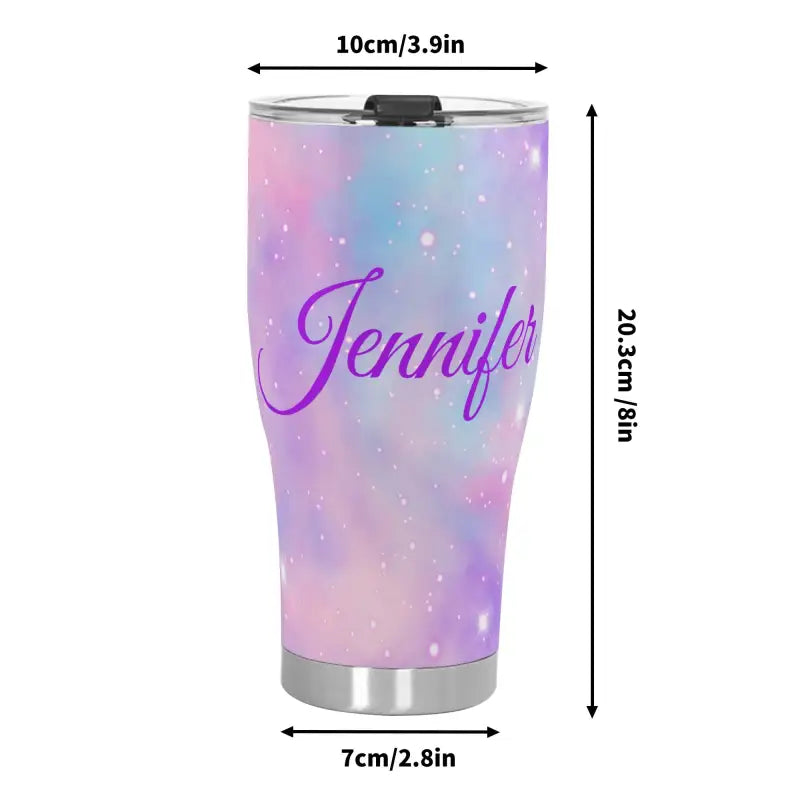 Pastel galaxy insulated stainless steel tumbler with personalized purple script for unicorn lovers