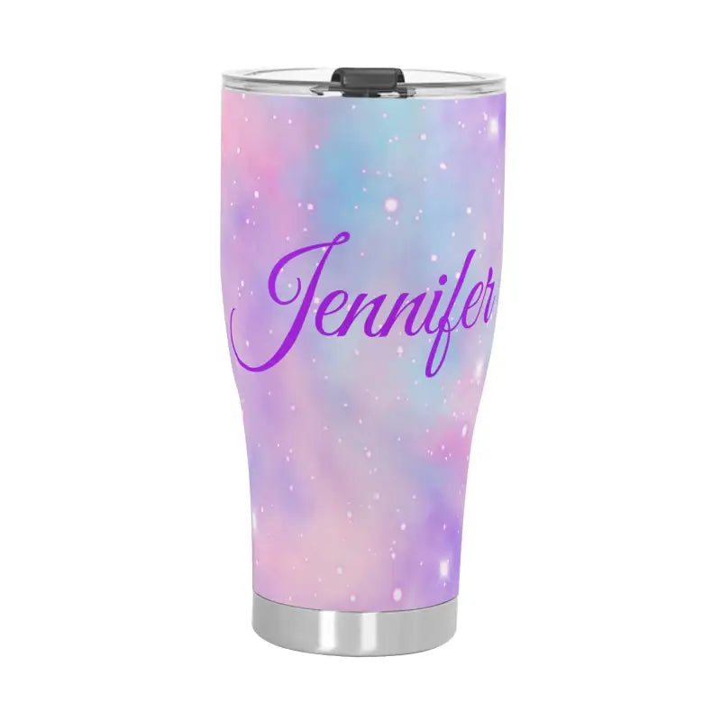 Insulated stainless steel tumbler in pastel galaxy with Jennifer in purple script