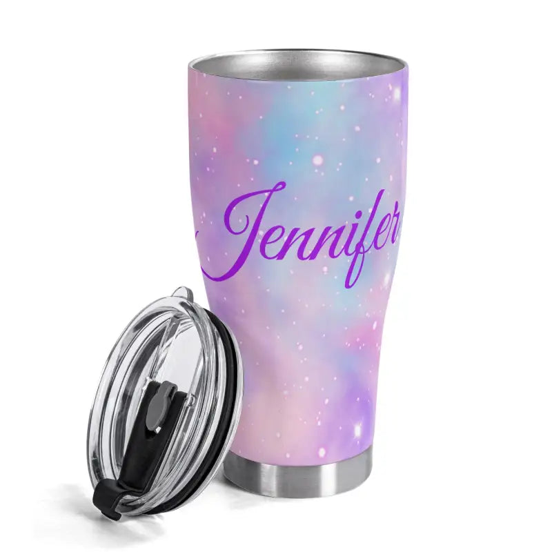 Pastel galaxy insulated stainless steel tumbler personalized for Jennifer in purple script