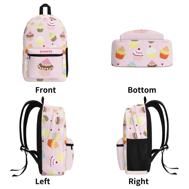 Cute personalized cupcake backpack with dessert pattern on light pink fabric