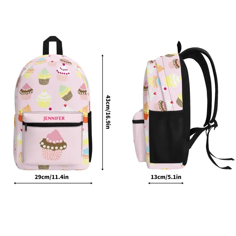 Cute pastel pink Personalized Cupcake Backpack with cupcake pattern and name tag