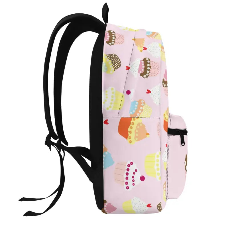 Cute pastel pink personalized cupcake backpack with colorful cupcake design and black straps