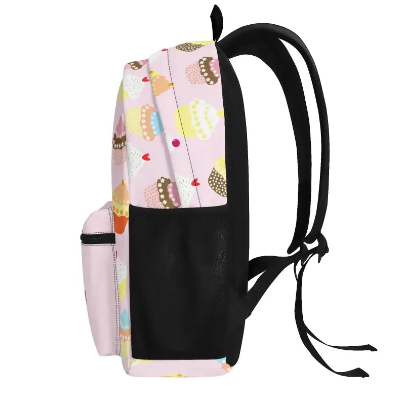 Colorful Personalized Cupcake Backpack with pink hedgehog pattern and black straps