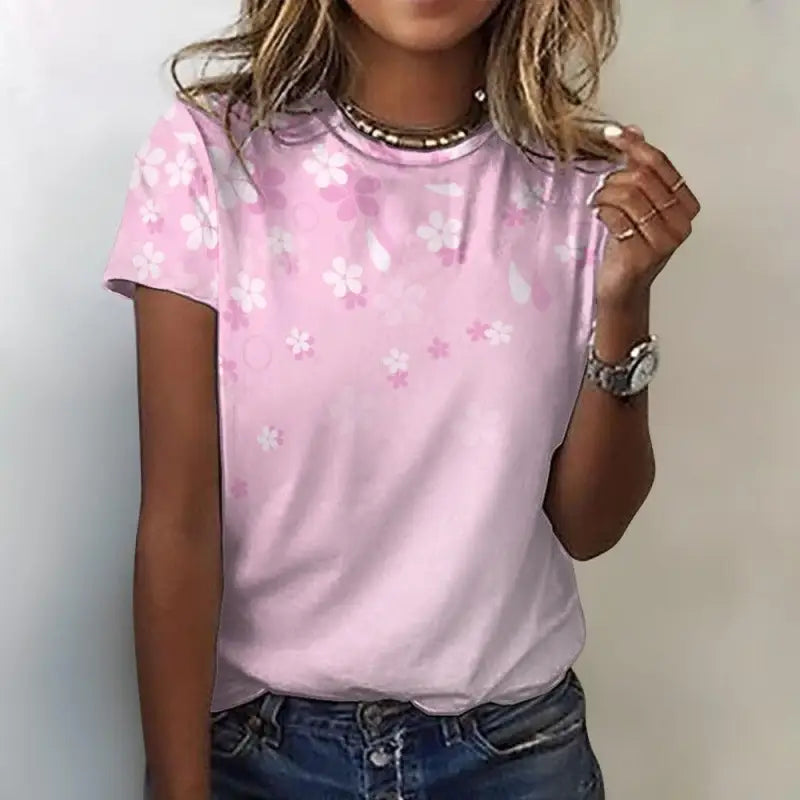 Cute pink floral t-shirt with butterfly and flower patterns for women’s style