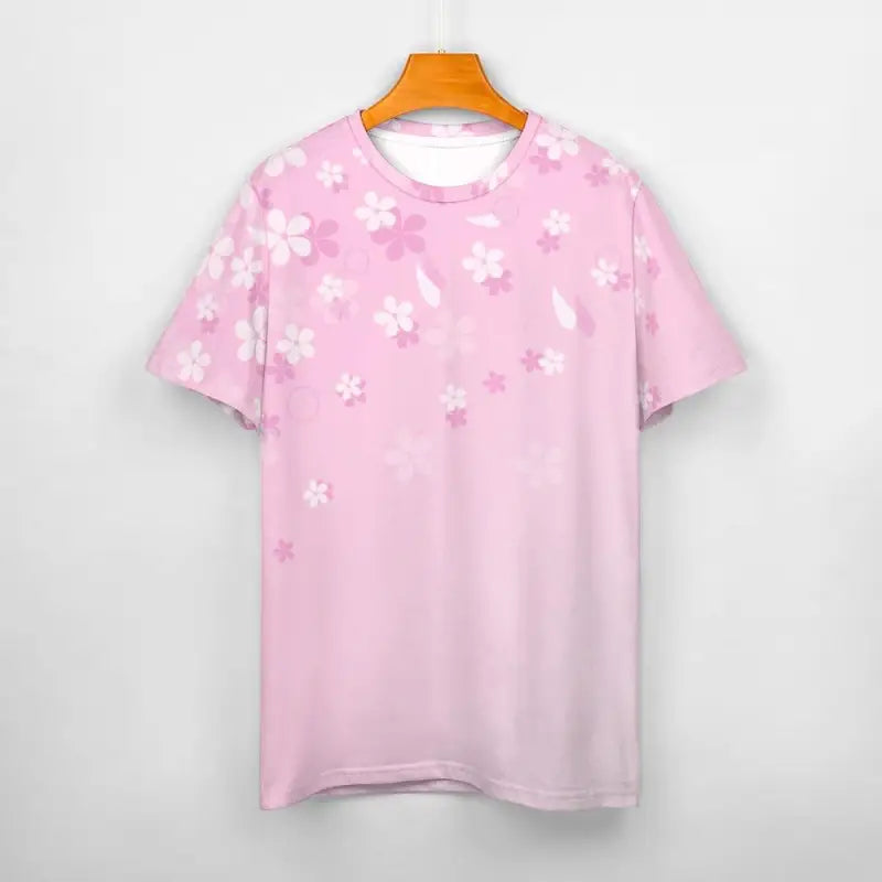 Cute pink floral t-shirt featuring a vibrant white butterfly pattern for women