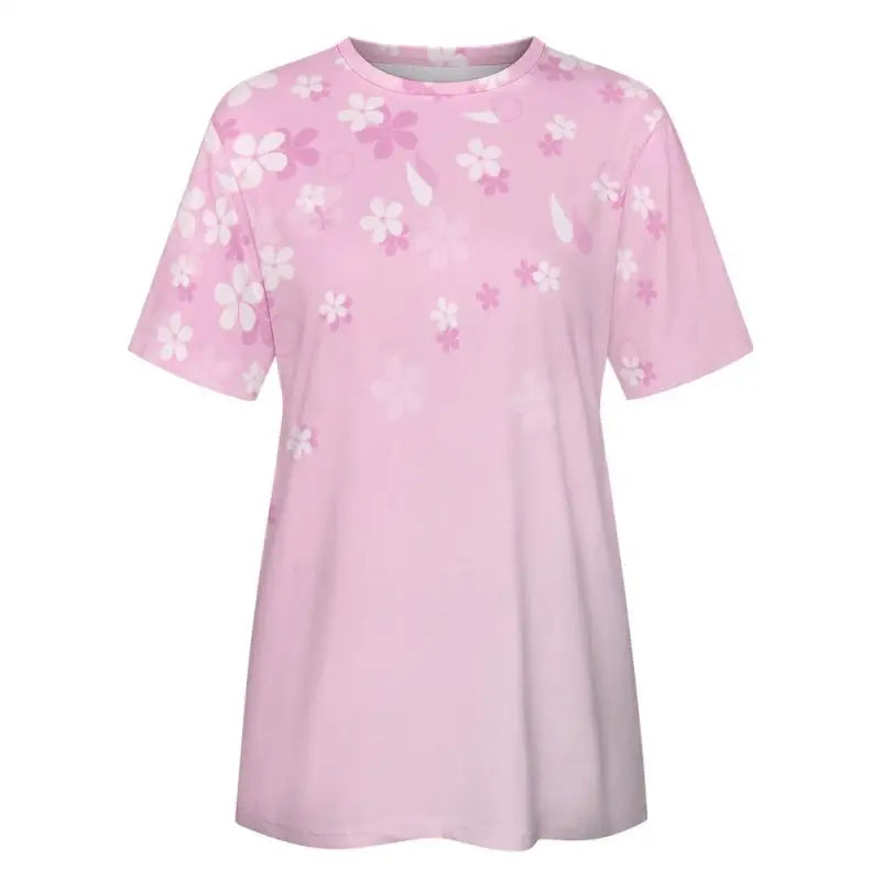 Pink floral t-shirt featuring a fun white floral pattern, perfect for sunny days