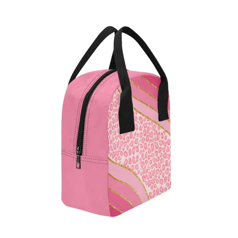 Pink Leopard Print Insulated Lunch Bag with black handles and zipper for trendy meals