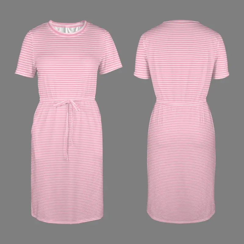 Pink striped t-shirt dress featuring a tie waist for effortless elegance