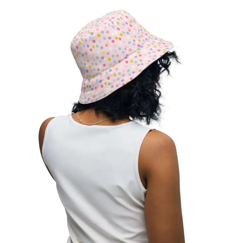 Polka Dot Reversible Bucket Hat with colorful spots for stylish babes on a light background