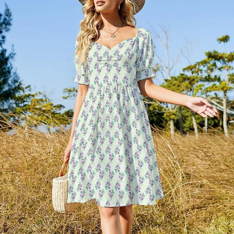 Floral sweetheart dress with puff sleeves and a dreamy sweetheart neckline