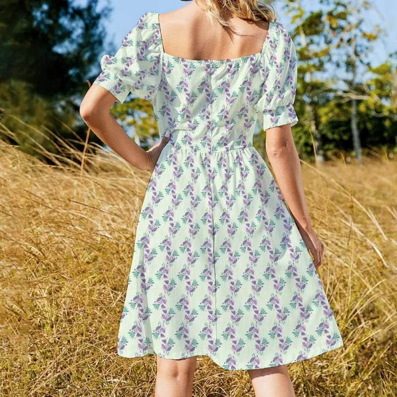 White Floral Sweetheart Dress with Purple Pattern and Short Puffed Sleeves