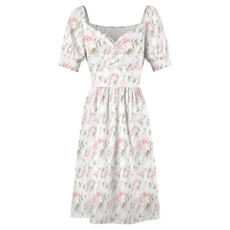 Pink floral short sleeve dress with puff sleeves and fitted waist, perfect for women