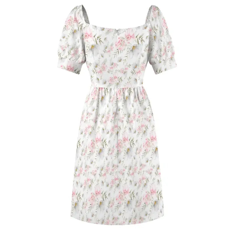 Floral print dress with puff sleeves and square neckline, perfect for women’s pink floral style