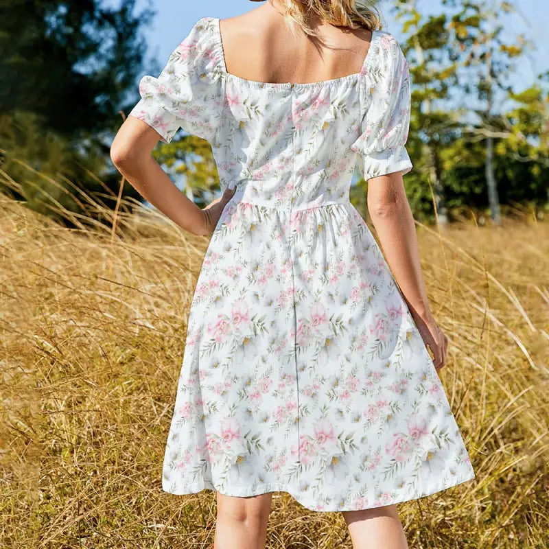 Puff Your Style with This Women’s Pink Floral Sweetheart Dress featuring short sleeves