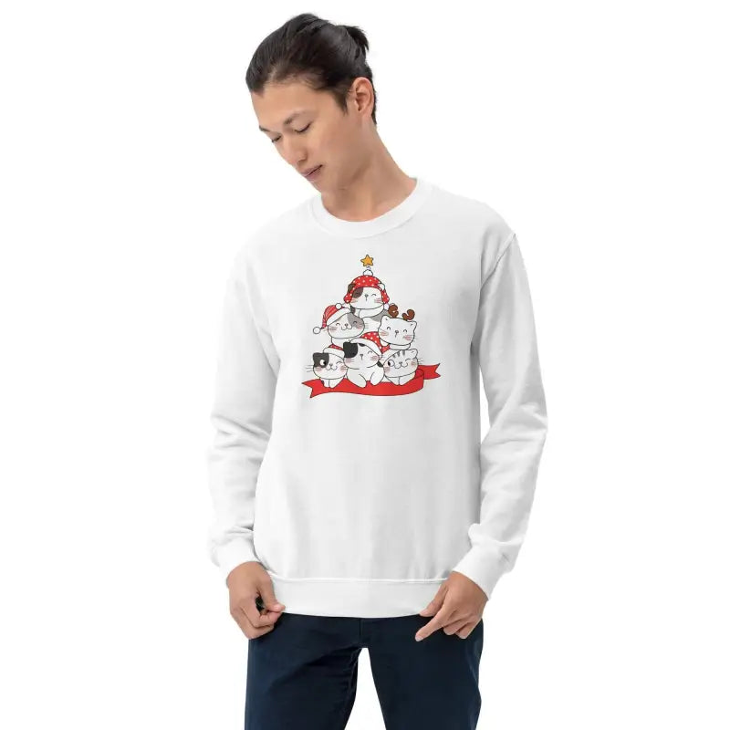 White sweatshirt with a festive Christmas cat design, perfect for Christmas cat lover’s gatherings