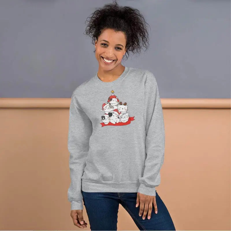 Gray sweatshirt with a cute cartoon cat for Christmas cat lover’s festive gatherings