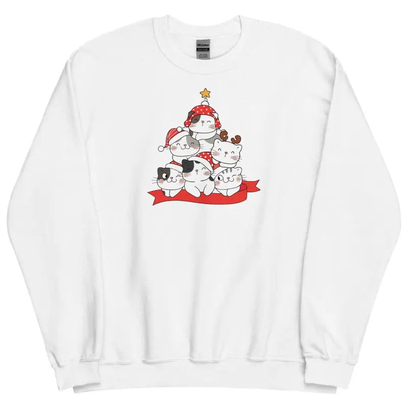 White sweatshirt with playful cat illustration in Christmas tree for cat lover’s gatherings