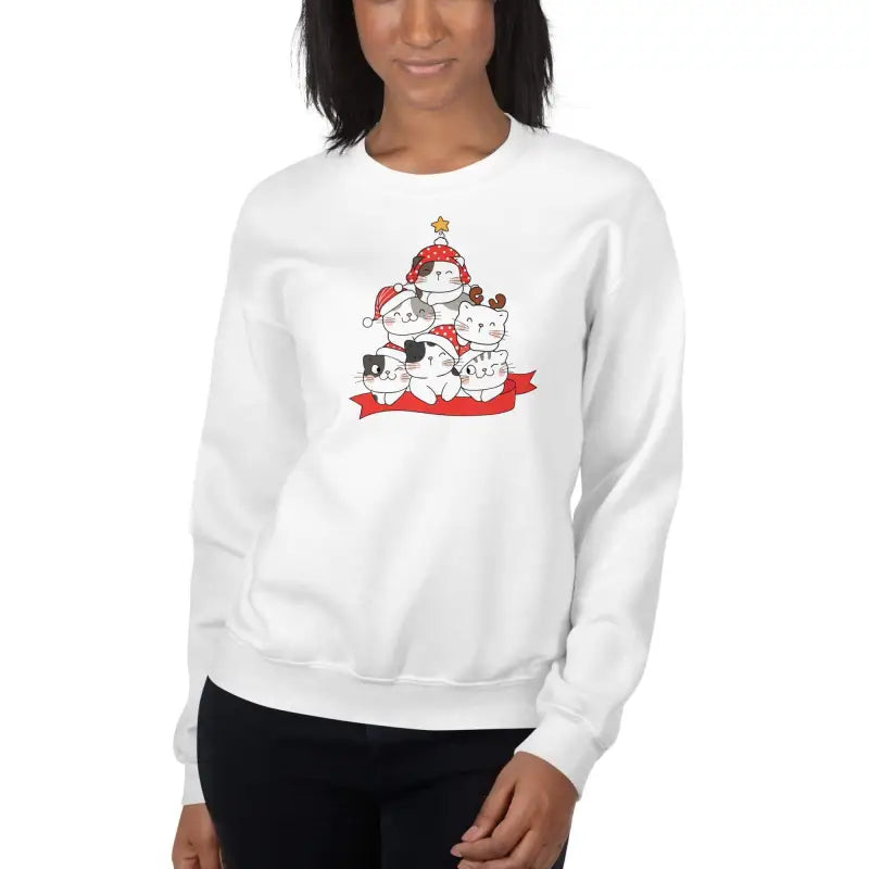 White sweatshirt with fun cartoon cats in Santa hats for Christmas cat lover’s gatherings