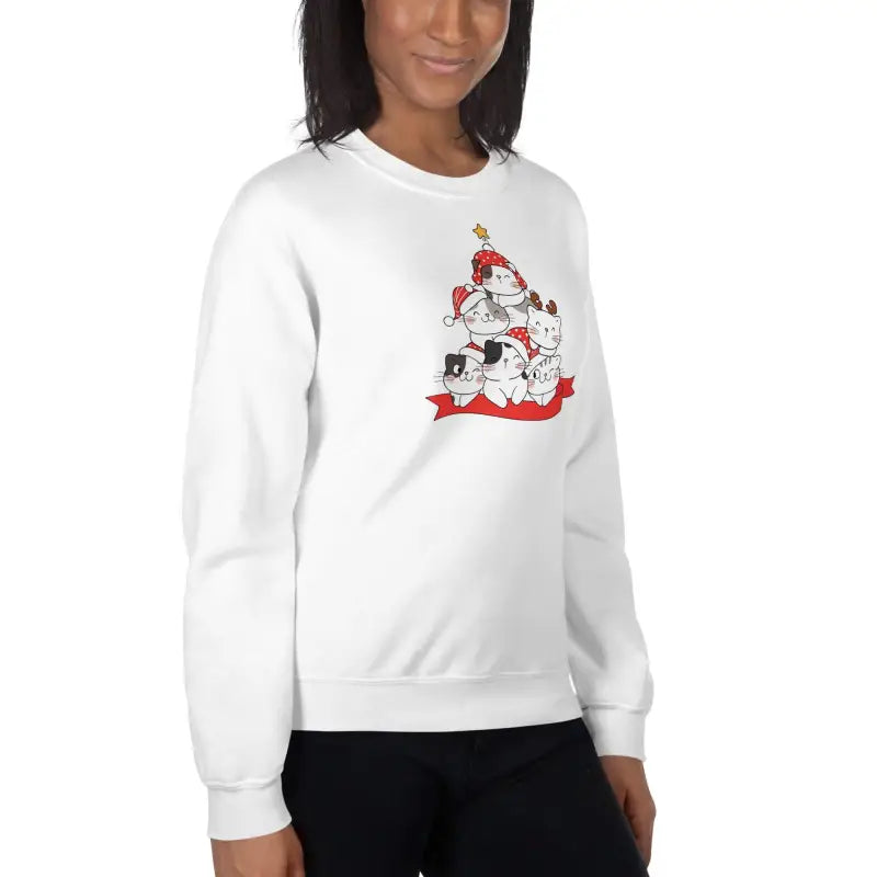 White sweatshirt featuring a Christmas tree of cartoon cats in Santa hats for Christmas cat lover’s
