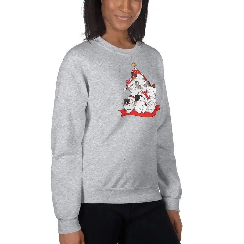 Gray cat lover’s sweatshirt featuring a festive cat design for Christmas gatherings