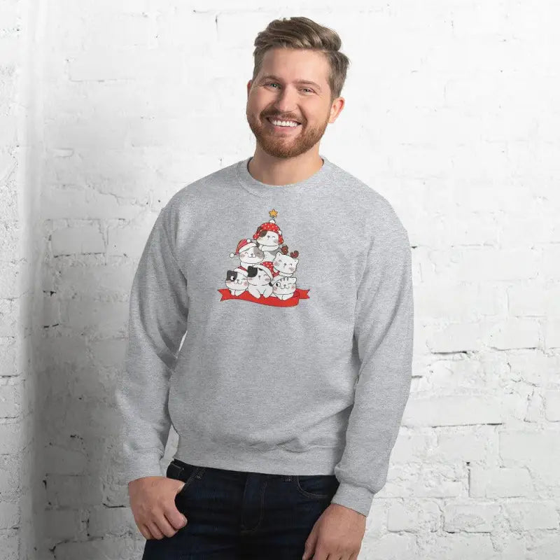Gray sweatshirt with a fun cartoon Santa, perfect for Christmas cat lover’s gatherings