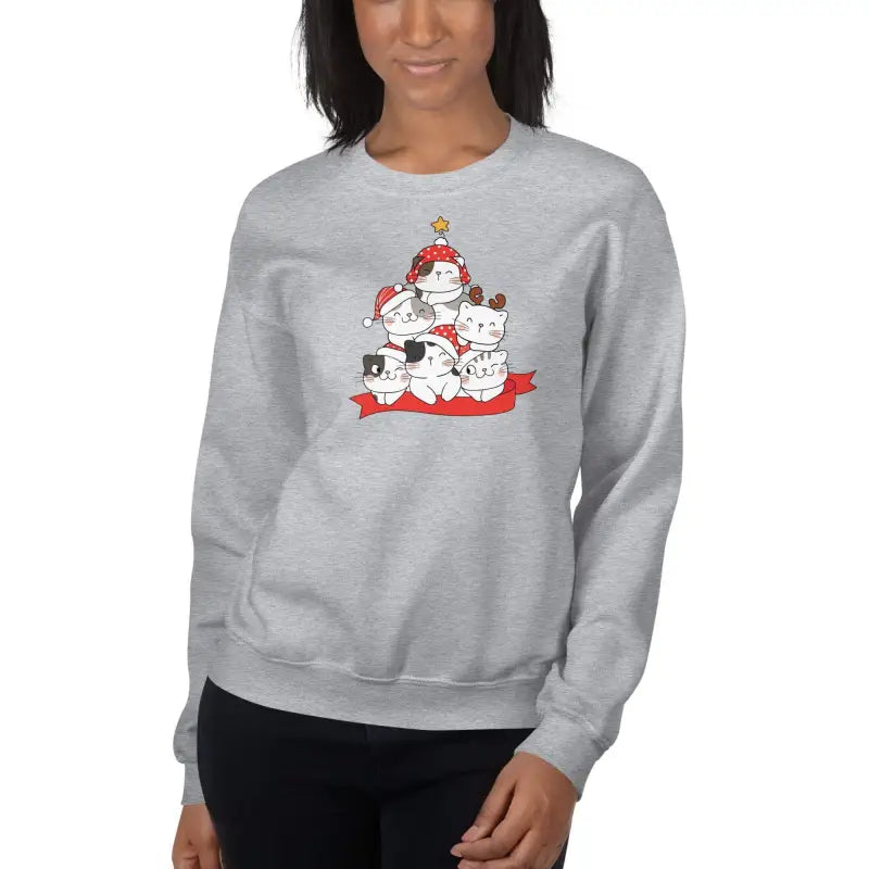 Gray sweatshirt with stacked cats in Santa hats for Christmas cat lover’s festive gatherings