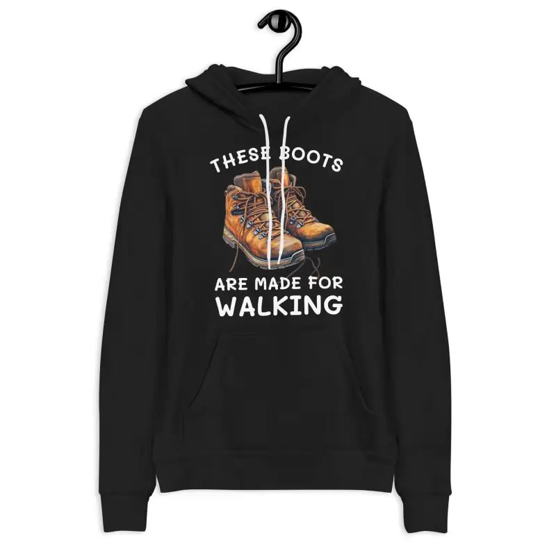 Black fun hiker’s hoodie featuring quirky hiking boots graphic for trail laughs